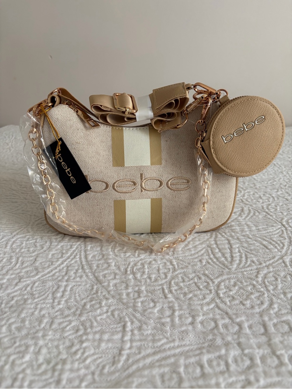 NWT bebe Paisley Canvas Crossbody Bag with Coin Pouch Almond